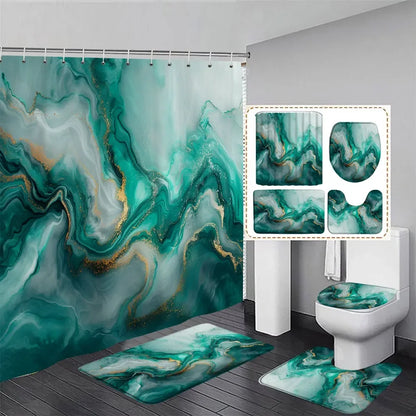 Gray Golden Crackle Marble Shower Curtain Set Modern Creative Marble Texture Fabric Bathroom Decor Curtain and Non-Slip Bath Mat