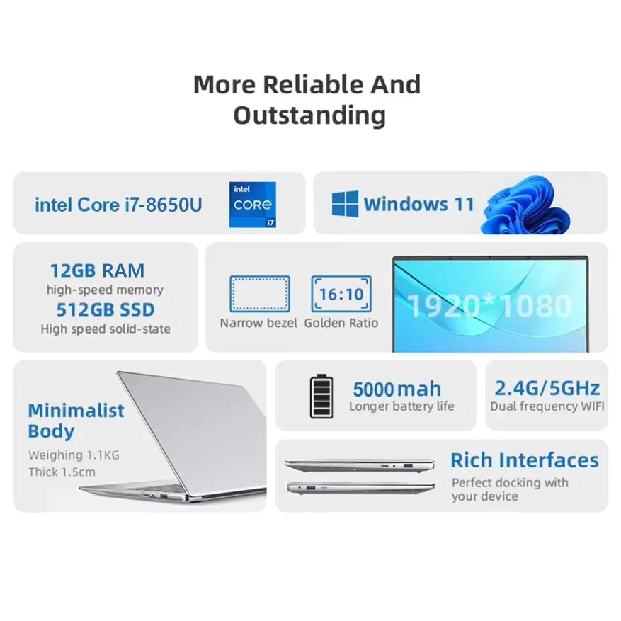 Windows 11 14.1 inch Laptop Computer intel i7-8650U Intel A3950 Laptops 1080P 12GB RAM 1TB 2TB SSD Portable i7 Laptop Notebook