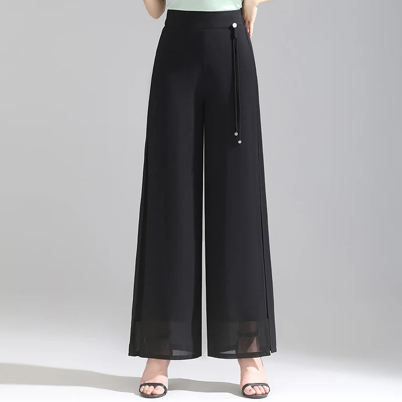 ZUZK Double Layer Chiffon Pants Fashion Slit Chiffon Pants Spring Summer Comfortable Elastic Waist Slim Chic Droop Pants