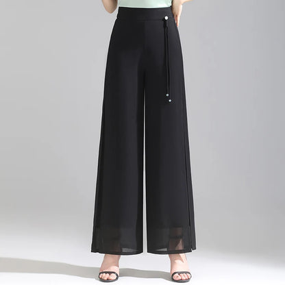 ZUZK Double Layer Chiffon Pants Fashion Slit Chiffon Pants Spring Summer Comfortable Elastic Waist Slim Chic Droop Pants