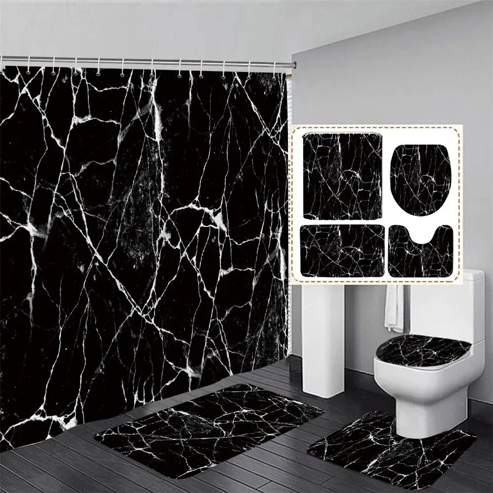 Gray Golden Crackle Marble Shower Curtain Set Modern Creative Marble Texture Fabric Bathroom Decor Curtain and Non-Slip Bath Mat