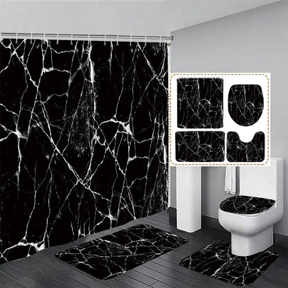 Gray Golden Crackle Marble Shower Curtain Set Modern Creative Marble Texture Fabric Bathroom Decor Curtain and Non-Slip Bath Mat