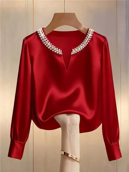 Satin Beaded V Neck Long Sleeve Blouse For Women Elegant Formal Top