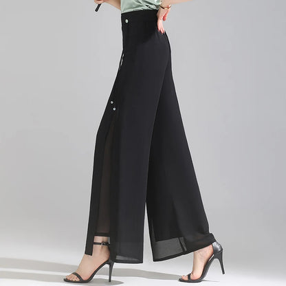 ZUZK Double Layer Chiffon Pants Fashion Slit Chiffon Pants Spring Summer Comfortable Elastic Waist Slim Chic Droop Pants