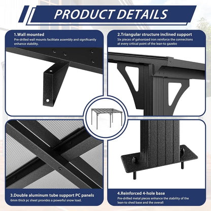 10x14 FT Lean To Gazebo, Pergolas and Gazebos Clearance, Awnings for Patio Covers for Shade and Rain Outdoor Gazebo