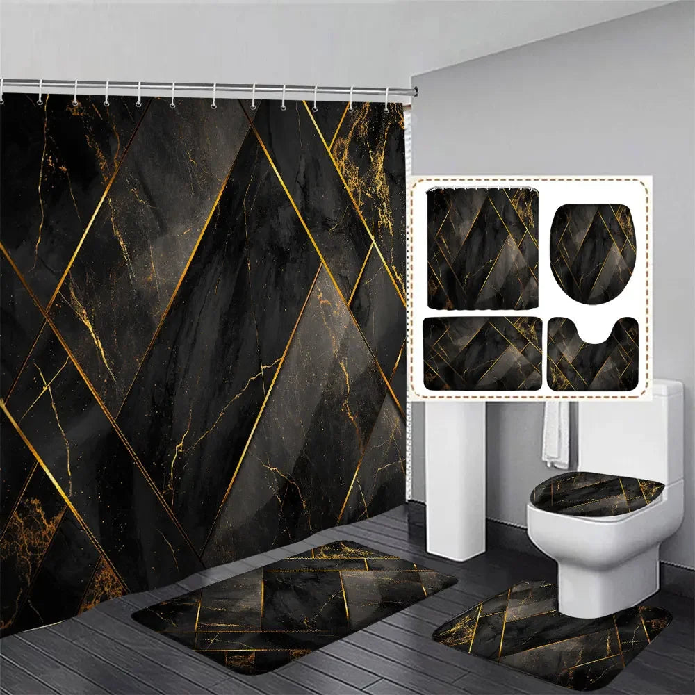 Gray Golden Crackle Marble Shower Curtain Set Modern Creative Marble Texture Fabric Bathroom Decor Curtain and Non-Slip Bath Mat