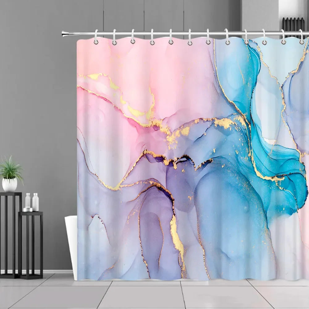 Gray Golden Crackle Marble Shower Curtain Set Modern Creative Marble Texture Fabric Bathroom Decor Curtain and Non-Slip Bath Mat