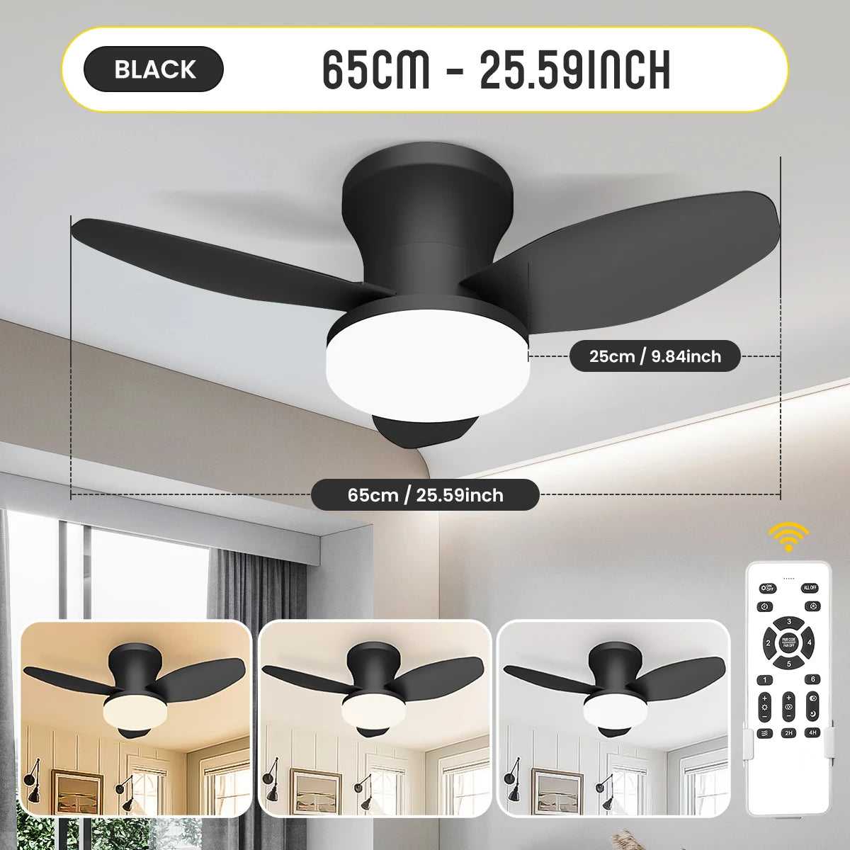 Mexllex Three Leaf Ceiling Fan with Light &amp; Remote Control, 6 Speed, Reversible Noiseless, Dimmable LED Chandelier for Bedroom