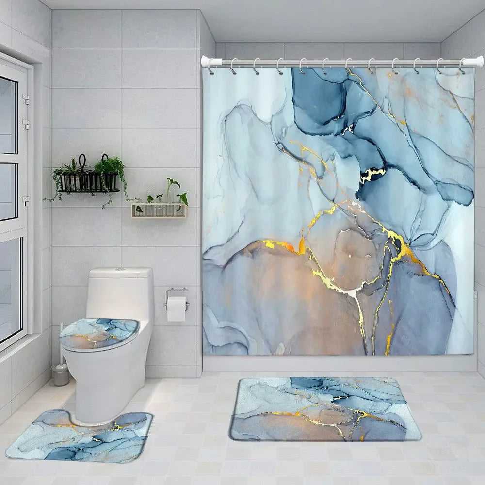 Gray Golden Crackle Marble Shower Curtain Set Modern Creative Marble Texture Fabric Bathroom Decor Curtain and Non-Slip Bath Mat