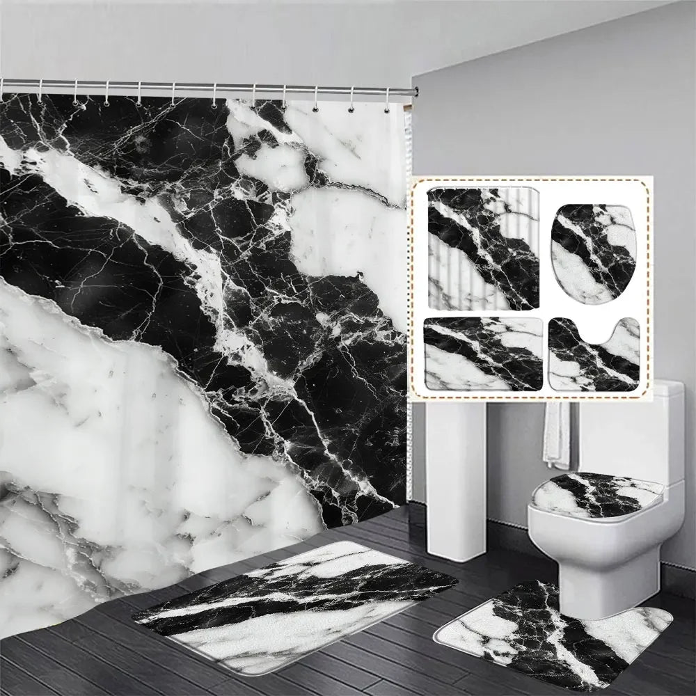 Gray Golden Crackle Marble Shower Curtain Set Modern Creative Marble Texture Fabric Bathroom Decor Curtain and Non-Slip Bath Mat
