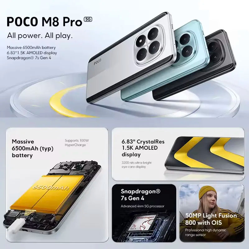 POCO M8 Pro 5G Smartphone 6.83" 1.5K 120Hz display 6500mAh battery Snapdragon 7s Gen 4 100W NFC  Global Version