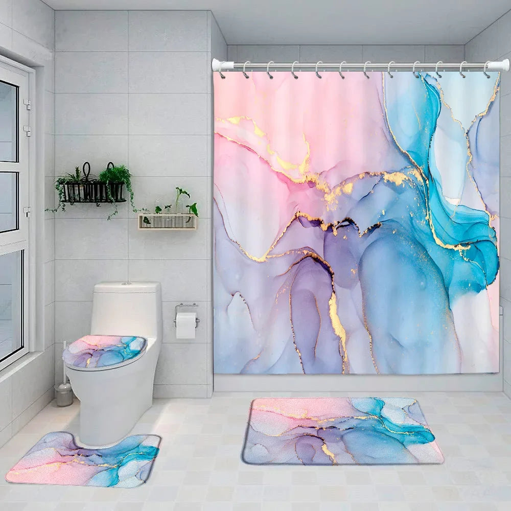 Gray Golden Crackle Marble Shower Curtain Set Modern Creative Marble Texture Fabric Bathroom Decor Curtain and Non-Slip Bath Mat