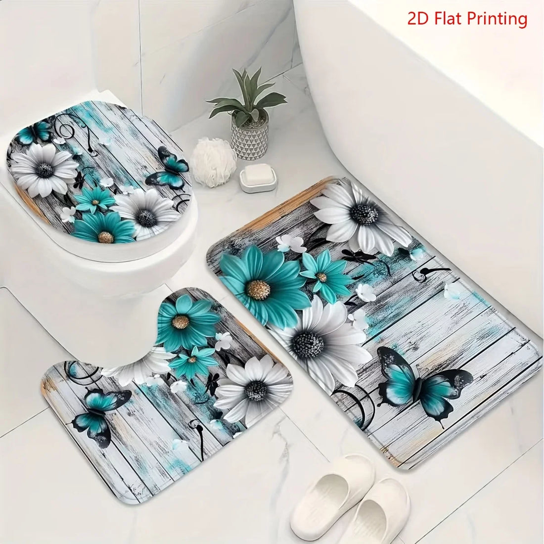 1or4 Piece Teal and White Floral Butterfly Shower Curtain Set - Modern Bathroom Decor - Washable Fabric Curtain - Rugs and Cover