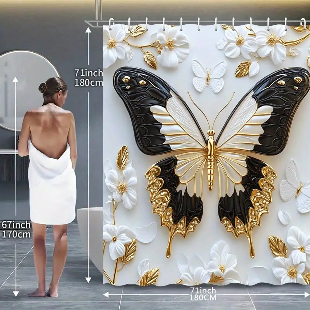 1/ 4pcs Platinum Butterfly Shower Curtain Set, Decorative Bathroom Set Includes Waterproof Shower Curtain, Non-Slip Floor Mat
