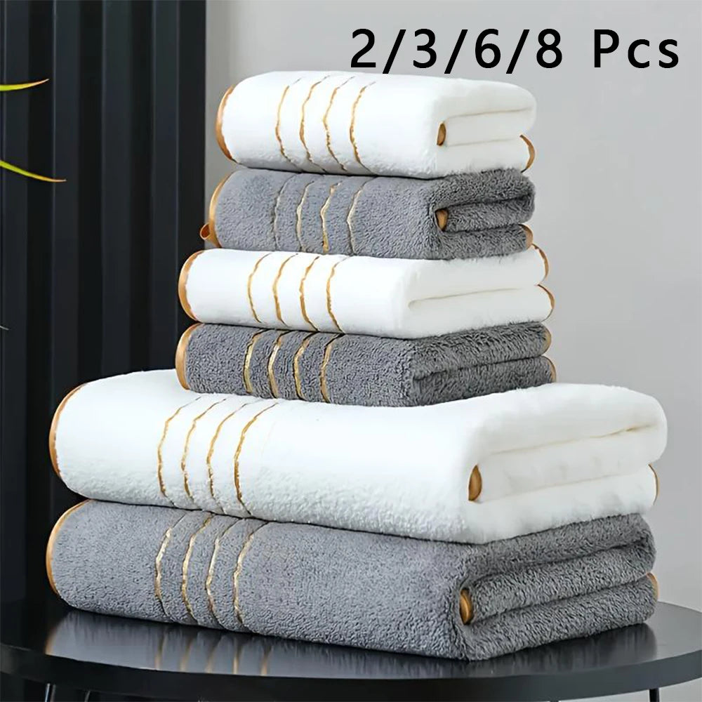 2/3/6/8 Pcs Bath Towel Set White &amp; Gray with Gold Accents, Soft Absorbent Premium Towels for Home, Hotel &amp; Bathroom