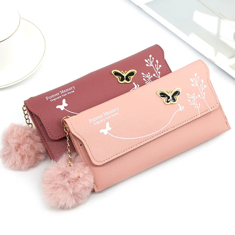 Fashionable New Women Long Wallets Pure Color Butterfly Wool Ball Bow Clutch Bag Women&