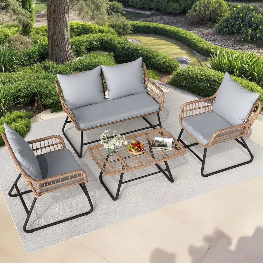 4Piece Patio Furniture Set, Wicker Outdoor Furniture Set with Cushions, Outdoor Table and Chairs for Balcony, Backyard, Deck, A