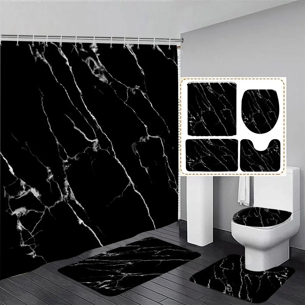 Gray Golden Crackle Marble Shower Curtain Set Modern Creative Marble Texture Fabric Bathroom Decor Curtain and Non-Slip Bath Mat
