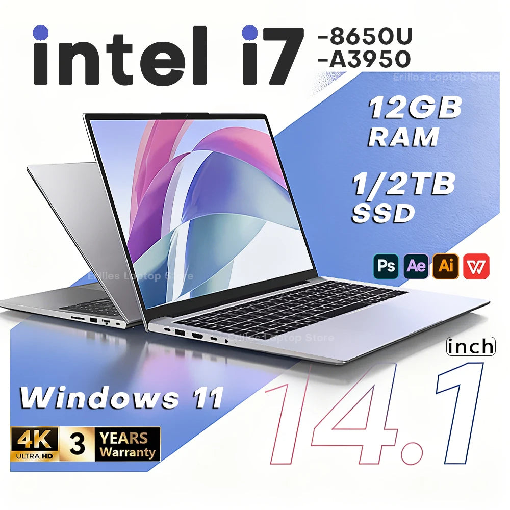 14.1"Laptop Computer PC Intel Core i7 8650U Atom 3950 Ultra slim Notebook 12GB RAM 1TB 2TB SSD Office Study Windows 11 1920*1080