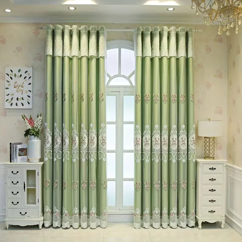 1pc Elegant European Double Layer Blackout Curtains, Beautiful Embroidery,Easy Setup for Bedroom Living Room Dining Room Balcony