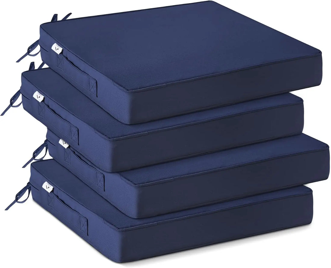 Waterproof Outdoor Chair Cushions Set of 4 with Handle and Ties, Navy Blue, 19x19x3 Inches