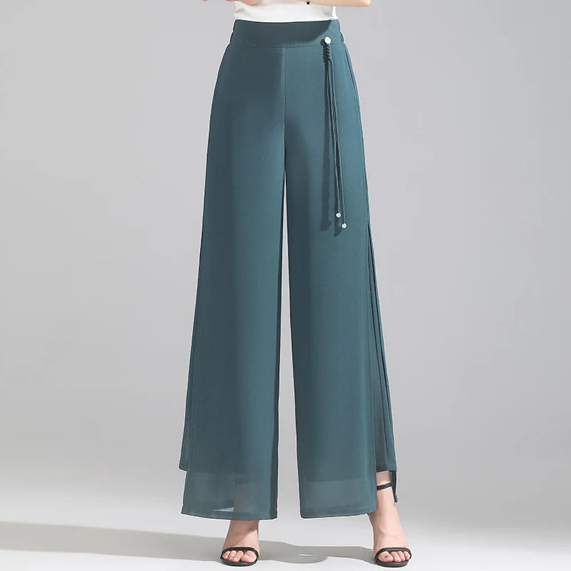 ZUZK Double Layer Chiffon Pants Fashion Slit Chiffon Pants Spring Summer Comfortable Elastic Waist Slim Chic Droop Pants