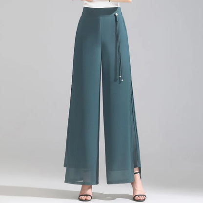ZUZK Double Layer Chiffon Pants Fashion Slit Chiffon Pants Spring Summer Comfortable Elastic Waist Slim Chic Droop Pants