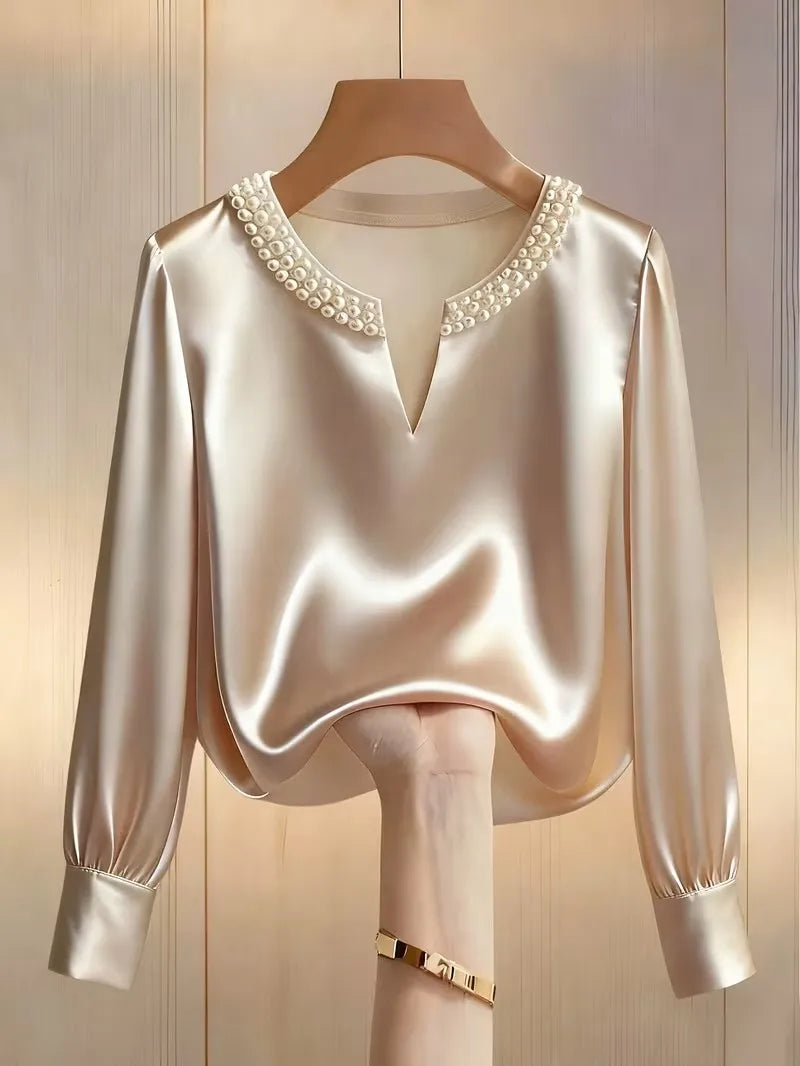 Satin Beaded V Neck Long Sleeve Blouse For Women Elegant Formal Top