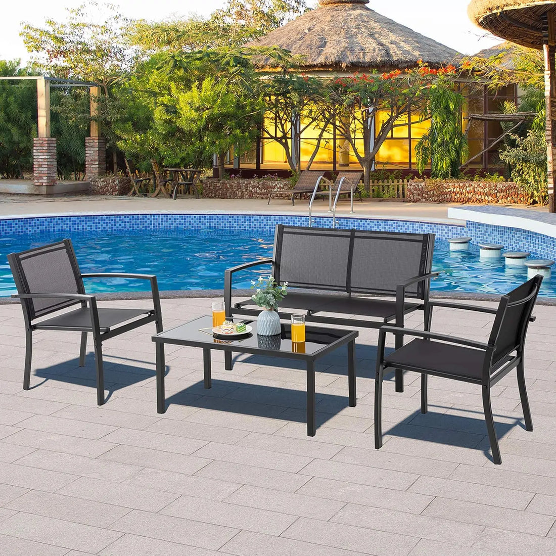 4 Pieces Patio Furniture Sets,Outdoor Patio Conversation Sets with Glass Coffee Table, Small Porch Balcony, Customized