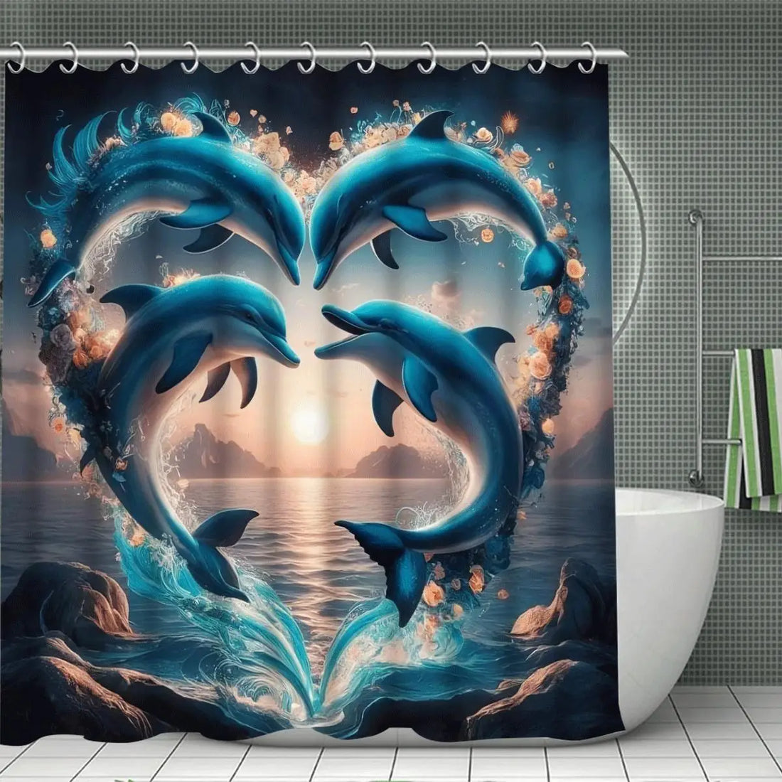 1/3/4 Piece Dolphin Rose Shower Curtain Set, Waterproof Shower Curtain with 12 Hooks, Non-Slip Bathroom Rug, U-Shaped Toilet Mat, Toilet Seat Mat, Bathroom Decor, Bathroom Shower Curtain Set