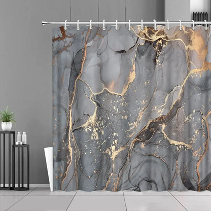 Gray Golden Crackle Marble Shower Curtain Set Modern Creative Marble Texture Fabric Bathroom Decor Curtain and Non-Slip Bath Mat