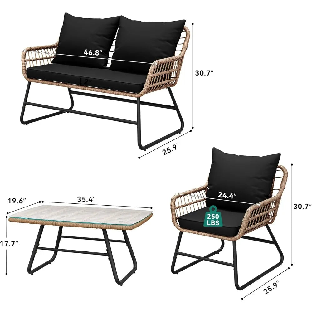 Outdoor Patio Conversation Set 4 Pieces, Wicker Furniture with Soft Cushion &amp; Coffee Table, Rattan Bistro Set Patio Set Chairs