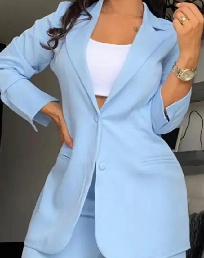Two Pieces Set for Women Autumn 2024 New Fashion Casual Solid Daily Commuter Notched Collar Blazer Coat&amp;pocket Design Pants Set