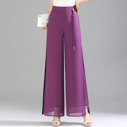 ZUZK Double Layer Chiffon Pants Fashion Slit Chiffon Pants Spring Summer Comfortable Elastic Waist Slim Chic Droop Pants