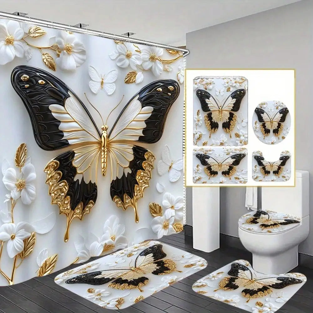 1/ 4pcs Platinum Butterfly Shower Curtain Set, Decorative Bathroom Set Includes Waterproof Shower Curtain, Non-Slip Floor Mat