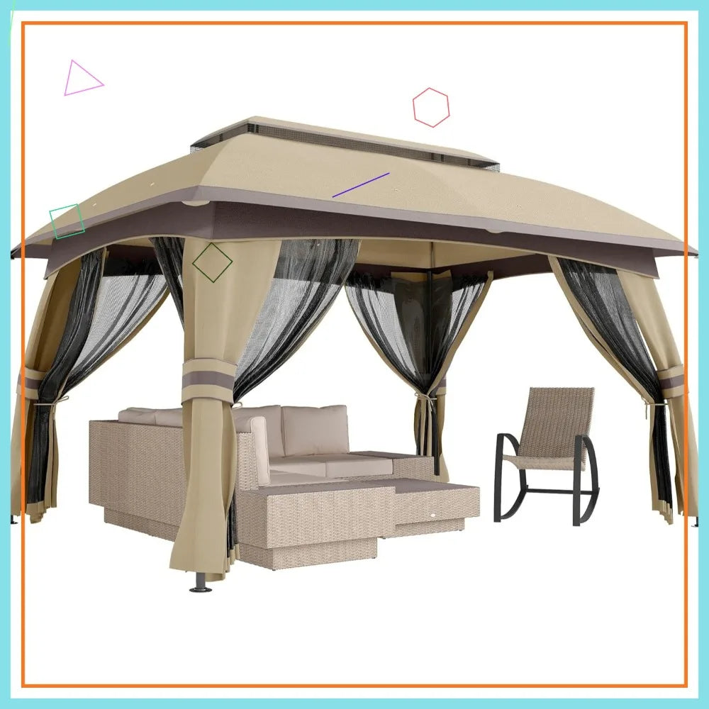 10x13ft Outdoor Gazebo with Netting, Vented Roof, Steel Frame for Garden Patio Backyard