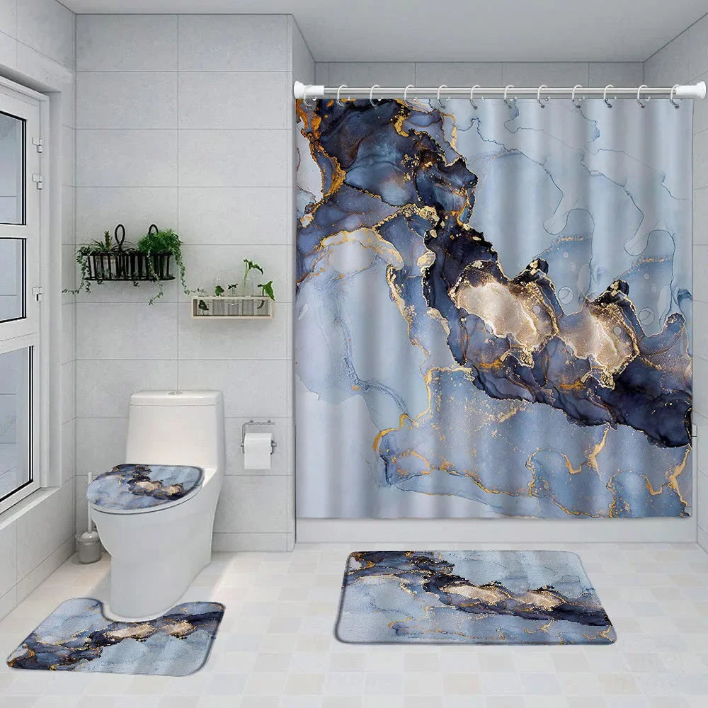 Gray Golden Crackle Marble Shower Curtain Set Modern Creative Marble Texture Fabric Bathroom Decor Curtain and Non-Slip Bath Mat