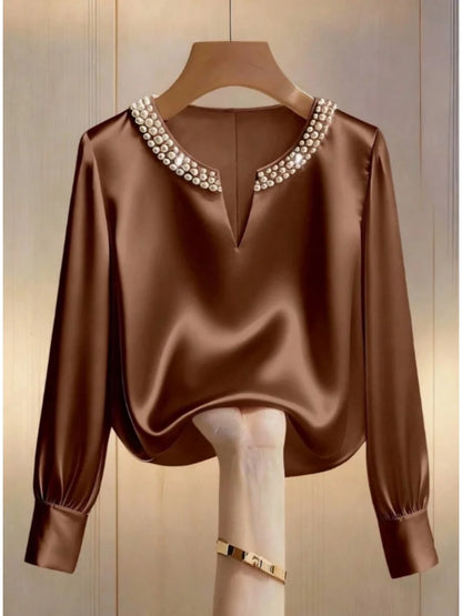 Satin Beaded V Neck Long Sleeve Blouse For Women Elegant Formal Top