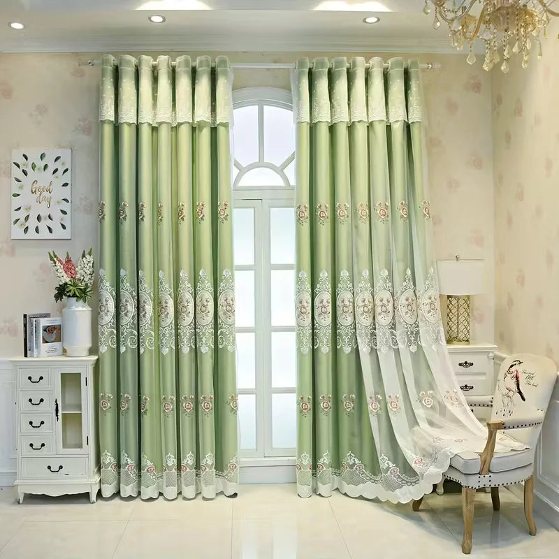 1pc Elegant European Double Layer Blackout Curtains, Beautiful Embroidery,Easy Setup for Bedroom Living Room Dining Room Balcony