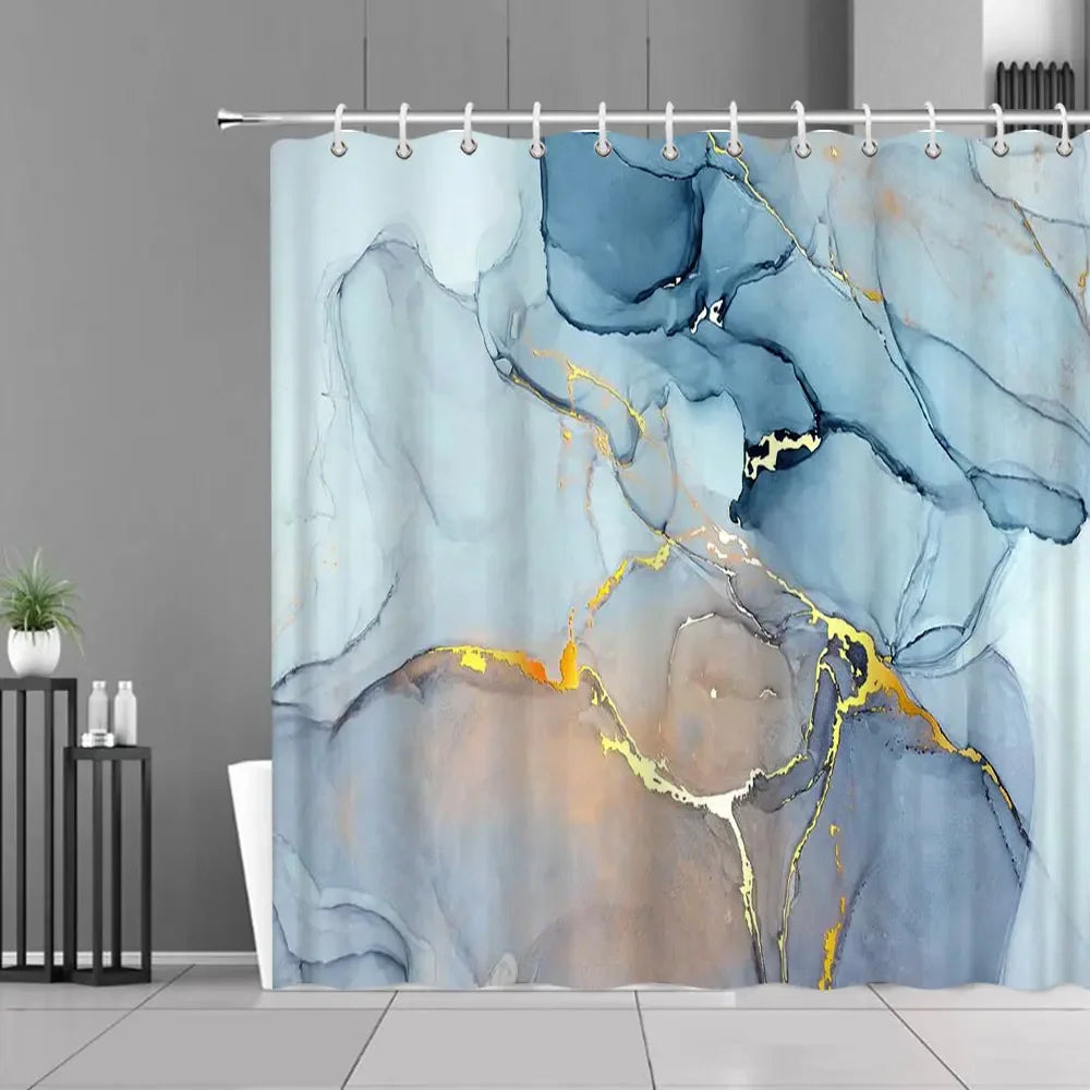 Gray Golden Crackle Marble Shower Curtain Set Modern Creative Marble Texture Fabric Bathroom Decor Curtain and Non-Slip Bath Mat