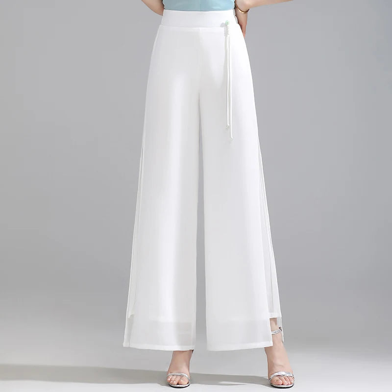 ZUZK Double Layer Chiffon Pants Fashion Slit Chiffon Pants Spring Summer Comfortable Elastic Waist Slim Chic Droop Pants