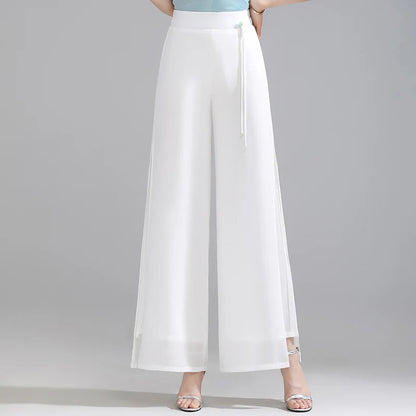 ZUZK Double Layer Chiffon Pants Fashion Slit Chiffon Pants Spring Summer Comfortable Elastic Waist Slim Chic Droop Pants