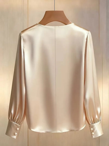 Satin Beaded V Neck Long Sleeve Blouse For Women Elegant Formal Top