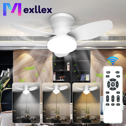 Mexllex Three Leaf Ceiling Fan with Light &amp; Remote Control, 6 Speed, Reversible Noiseless, Dimmable LED Chandelier for Bedroom