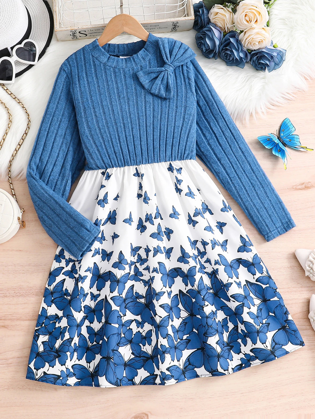 1-Piece Spring and Autumn Fashion Casual Style Knit Dress for Girls Aged 8-12, Featuring a Round Neck, Ribbed Design, Solid Color, and Dual Print Patterns, Suitable as a Gift for Eid, Easter, Carnival, Chinese New Year, and O