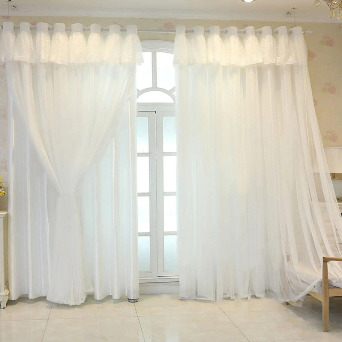 1pc Romantic white color Double Layer blackout Curtains with Sheer,Blocks UV,Heat Insulating , for Living Room, Bedroom