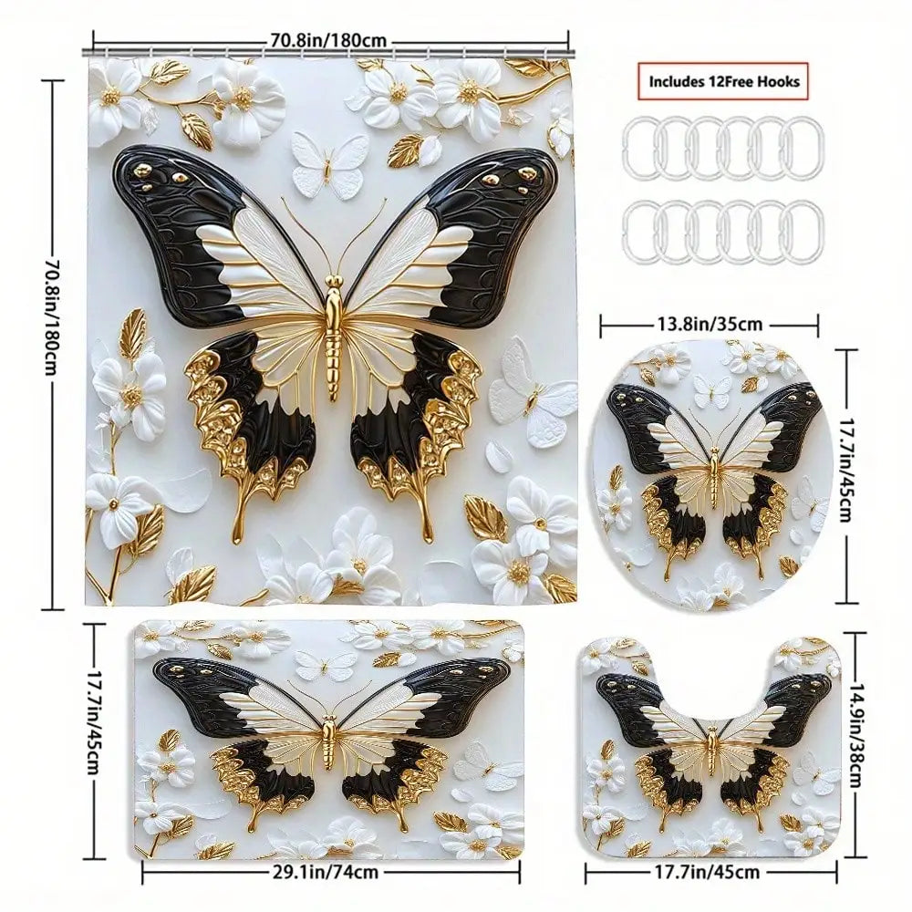 1/ 4pcs Platinum Butterfly Shower Curtain Set, Decorative Bathroom Set Includes Waterproof Shower Curtain, Non-Slip Floor Mat
