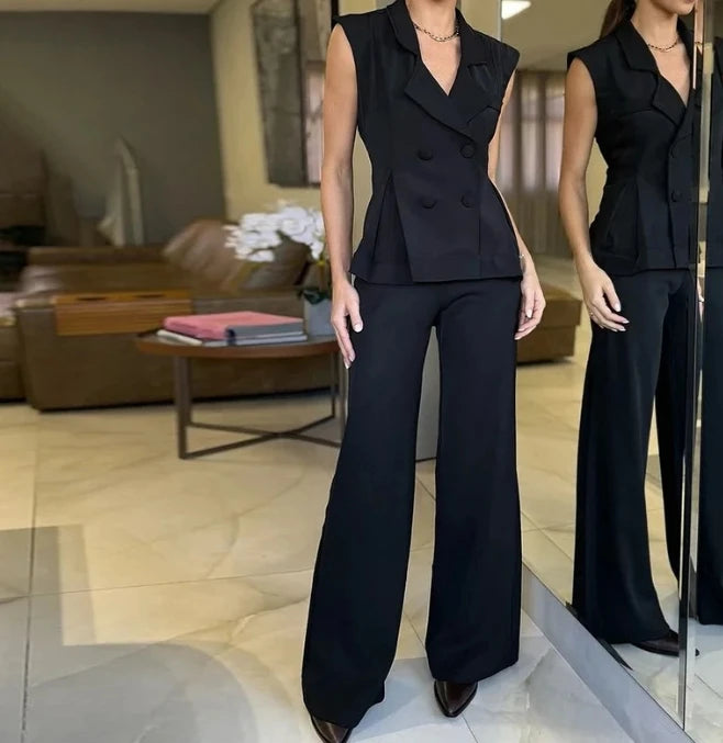 Two Pieces Set for Women Autumn 2024 New Fashion Casual Solid Daily Commuter Notched Collar Blazer Coat&amp;pocket Design Pants Set