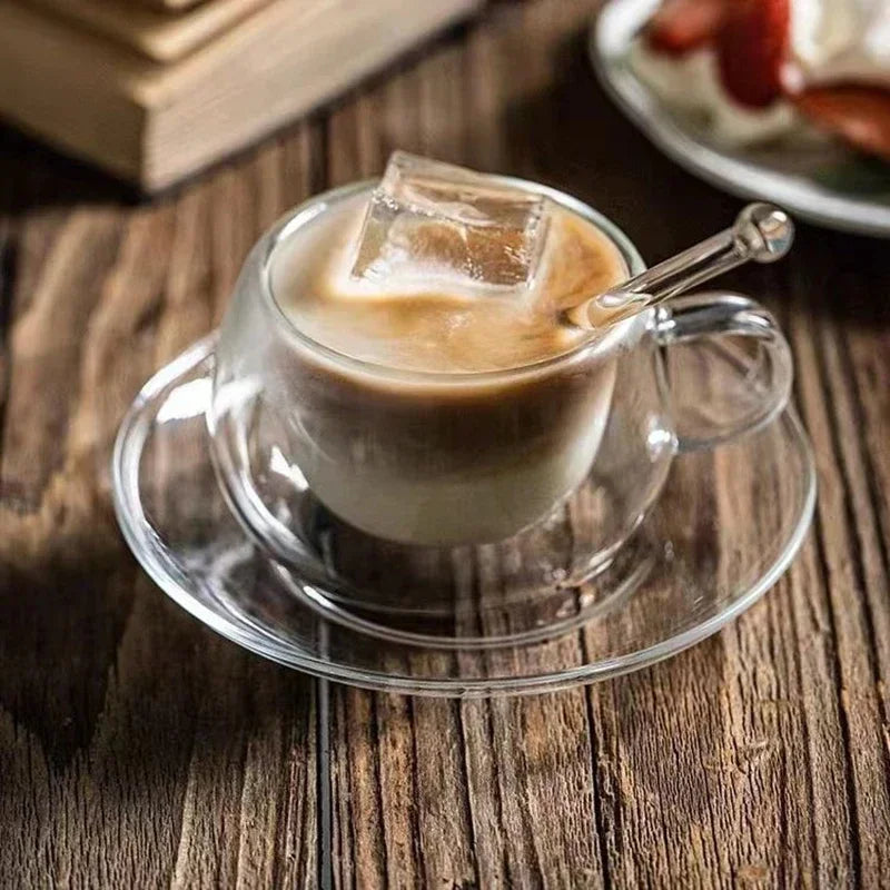 150/300ml Double Wall Glass Coffee Cup with Saucers and Spoon Heat Resistant Espresso Cups