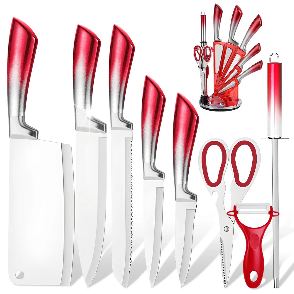 MDHAND 9Pcs Stainless Steel Knife Block Set with Sharpener Cutting Slicing Fruit Meat Cleaver Utility Knife Knives  Accessories